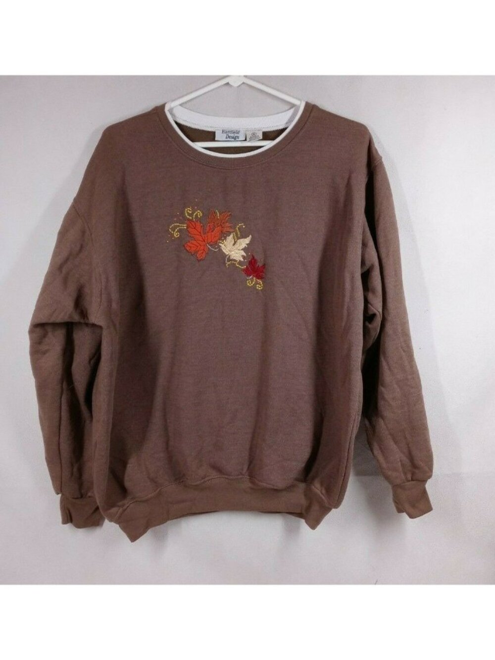 Vtg Hartfield Design Brown Sweatshirt With Beaded Embroidered Leaves Design XL